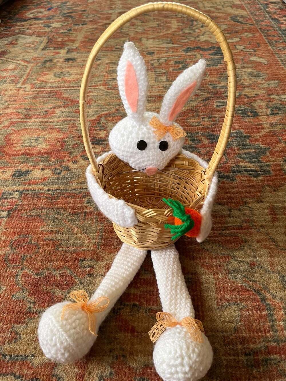 Vintage Handmade Crochet White Rabbit Easter Basket with Carrot and Bows